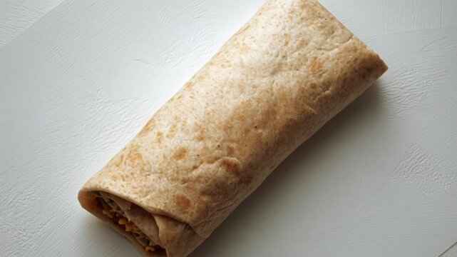 Rolled Flour Tortilla with Filling on White Wooden Surface
