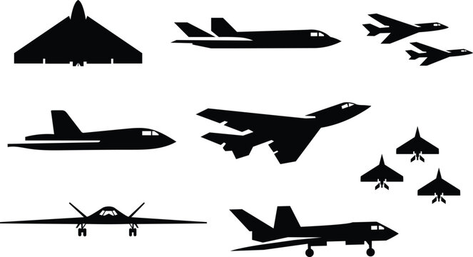 Fighter jet and stealth bomber silhouette icon set. Military aircraft, combat plane and air force aviation symbols.