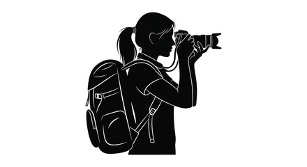 A woman with a ponytail and backpack is intently photographing a scene depicted in a striking silhouette © Jahid