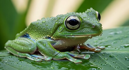 Fototapeta premium Close-up of a bright green frog with large dark eyes resting on a wet green leaf