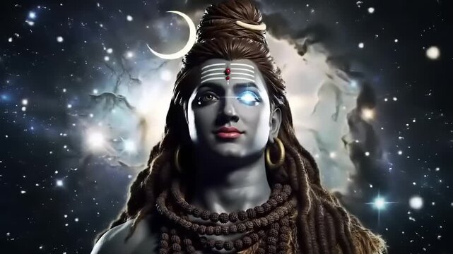 Lord Shiva Cosmic Portrait with Stars and Nebula Background.