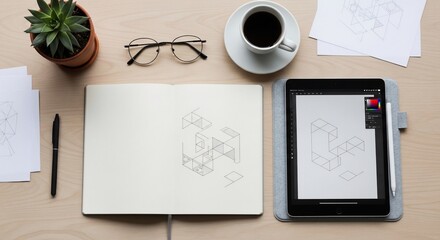 Naklejka premium Creative Workspace with Tablet and Notebook.