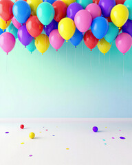Vibrant Colorful Balloons and Confetti with Copy Space on Mint Background