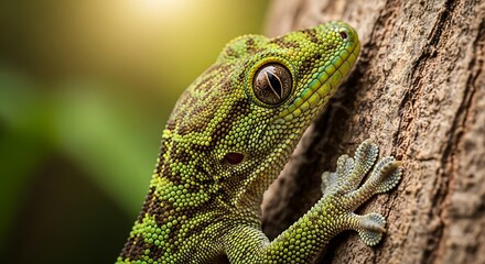 Obraz premium Close-up of a Vibrant Green Gecko with Intricate Camouflage Patterns Perched on a Textured Tree Trunk