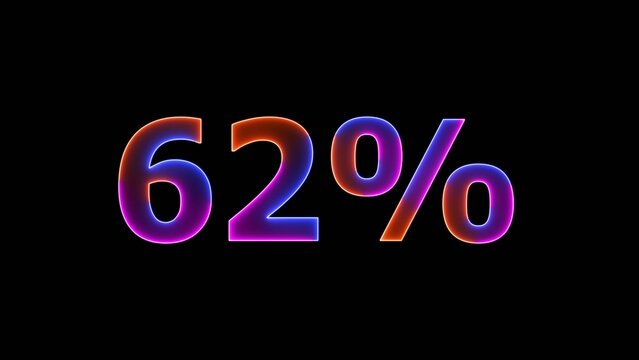 Glowing colorful Neon number 62% on black background. 62 Percent Off Sale. 4k illustration.