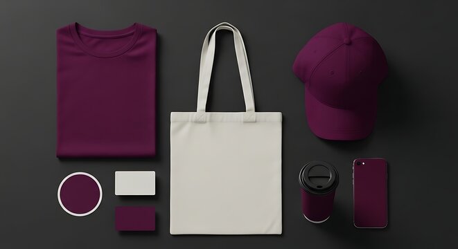 Merchandise Mockup Flat Lay with Tote Bag, T-Shirt, Cap, and Business Cards.