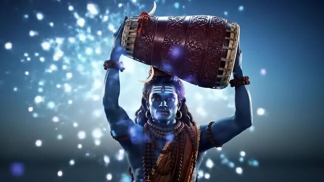 Lord Shiva holding Damaru in cosmic energy background.