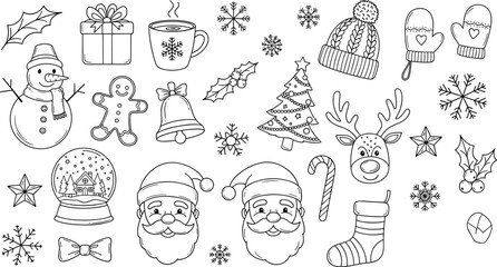 Whimsical Christmas Doodle Art Collection Featuring Santa Claus Gingerbread Man Reindeer and Winter Holiday Symbols