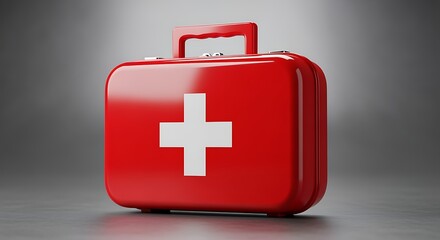 Obraz premium Red First Aid Kit with White Cross on Gray Background Medical Emergency Supplies