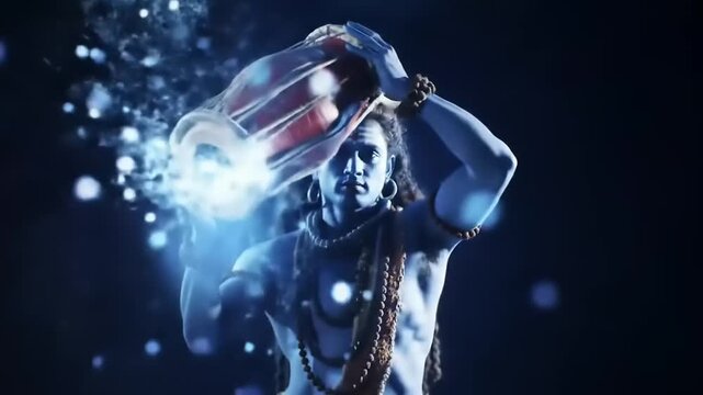 Lord Shiva in a mystical blue aura with glowing particles.