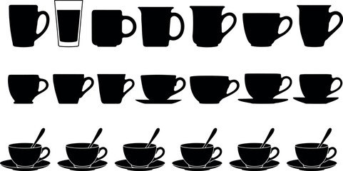 Large collection of coffee mugs tea cups and saucers with spoons in black silhouette vector illustration set for kitchen cafe and restaurant design