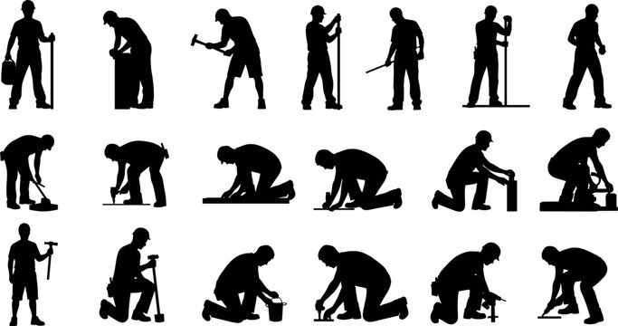 Large collection of construction worker silhouettes performing various manual labor tasks like hammering drilling and lifting in black vector illustration for industrial design
