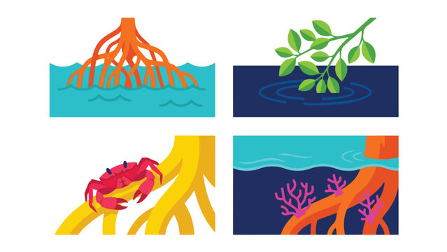 Tropical Mangrove Forest Root and Turquoise Water Set