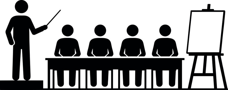 Professional business trainer conducting corporate workshop for employees sitting at desk with easel board in flat black stick figure silhouette vector illustration