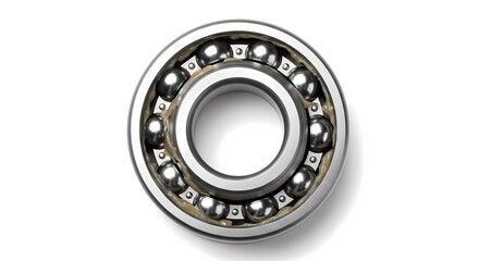 A close-up view of a metal ball bearing on a white background
