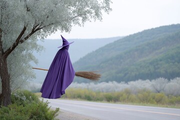 a purple witch flying on a broomstick over the road