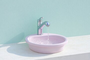 a pink and teal sink with bright light