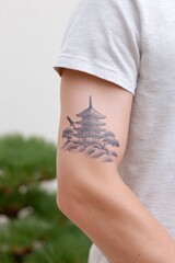 a samurai in armor with a katana is jumping, pagoda and cherry blossoms on background