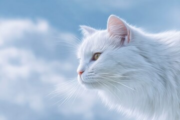 a white cat made of clouds, flying in the blue sky