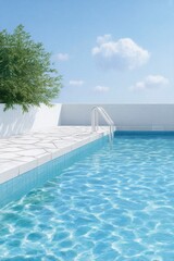 a swimming pool with clear blue water, white tiles, and a handrail