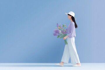 a woman walking with flowers in her hand, blue background, she wearing white shoes, wide pants and hat