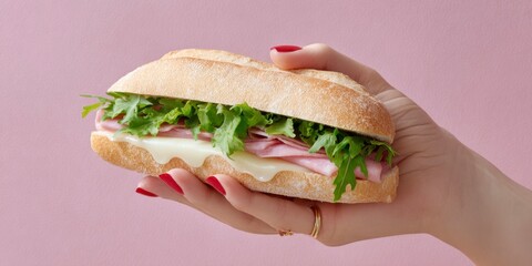 a woman hand with red nails holding an oversized baguette sandwich. the bun is melting with cheese and ham, against a pink background.