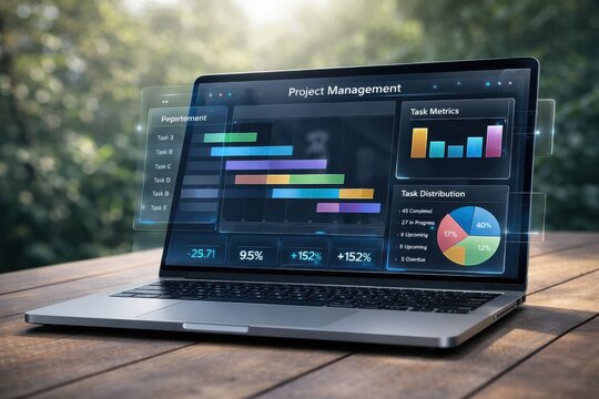 Laptop displaying project management dashboard in outdoor workspace