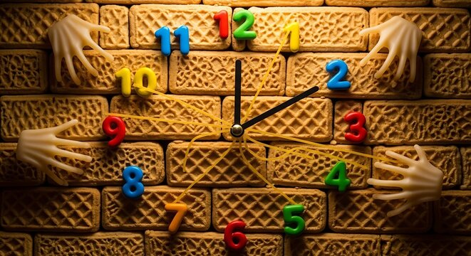 Clock formed with cookies and colored numbers marking time