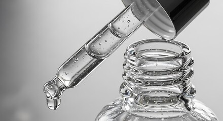 Cosmetic serum dropper with liquid droplets against a neutral background
