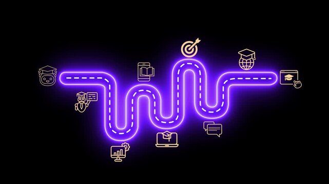 AI-driven education transforms online learning concept on the black background. Helping learners study smarter and achieve goals faster. 4k animation.