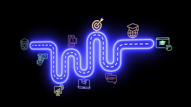 AI-driven education transforms online learning concept on the black background. Helping learners study smarter and achieve goals faster. 4k animation.