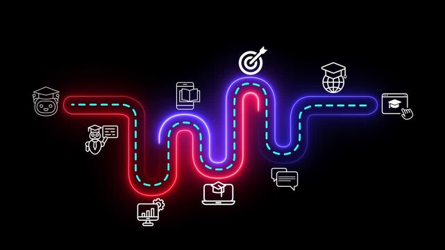 AI-driven education transforms online learning concept on the black background. Helping learners study smarter and achieve goals faster. 4k animation.