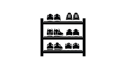 A simple black graphic depicts multiple pairs of shoes neatly arranged on a shelving unit silhouette high quality
