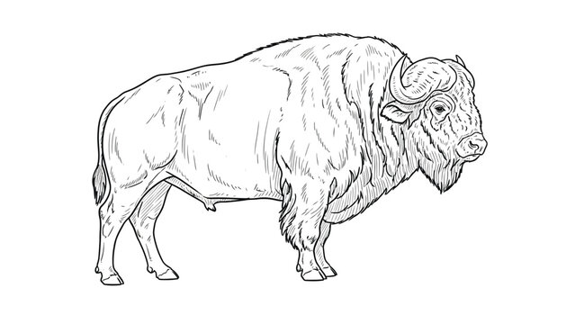 Line drawing of a bison facing right, displaying detailed fur texture and muscular build. The expression is calm and steady.
