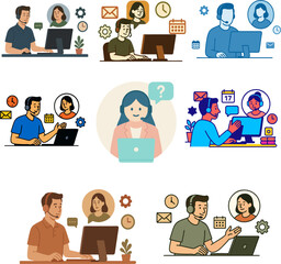 Collection of diverse vector illustrations showing customer service and online support representatives working with computers