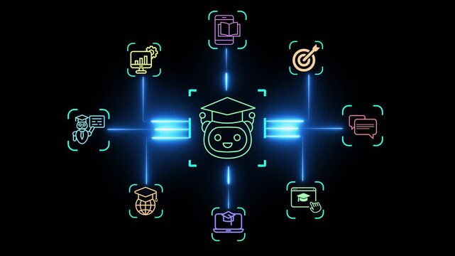 AI-driven education transforms online learning concept on the black background. Helping learners study smarter and achieve goals faster. 4k animation.