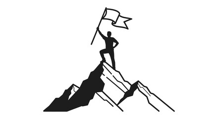A determined figure raises a flag atop a mountain peak symbolizing victory and achievement a striking silhouette © Ajahar
