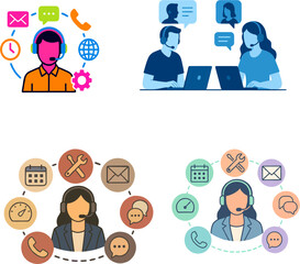Diverse Customer Service Illustrations Featuring Agents Communication Channels and Support Icons