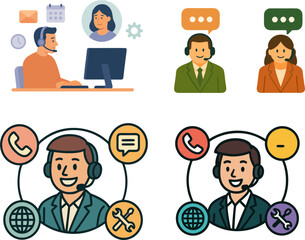 Illustrations of customer service and technical support agents with various communication methods and support tools