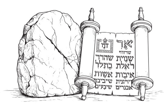 Hand Drawn Sketch of Torah Scroll and Stone Tablets, Ten Commandments Vector Illustration