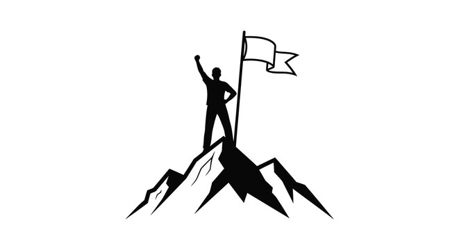 A triumphant figure stands atop a mountain peak raising a flag in a bold striking silhouette high quality