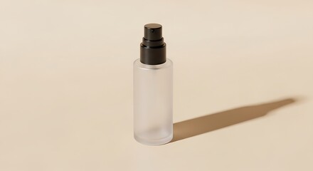 Cosmetic spray bottle on neutral background with shadow and copy space