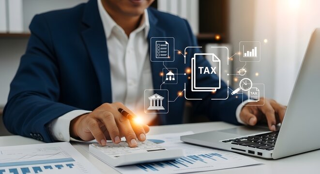 Businessman working on laptop and calculator for tax preparation and financial analysis