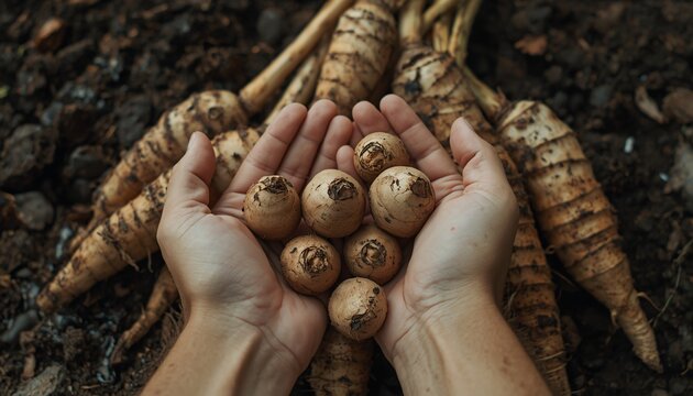 Hands Wearing Garden Gloves picking Arbi (Colocasia Roots)