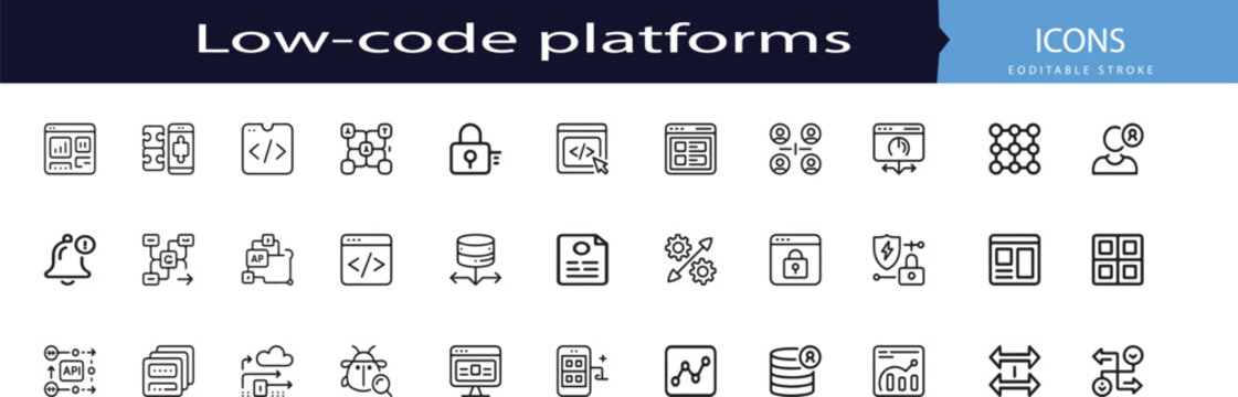 low code platforms software development line icon set, visual programming vector