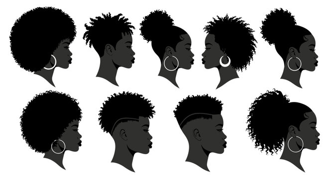 diverse black people silhouettes showcasing natural styles celebrating cultural identity and beauty in graphic vector art.