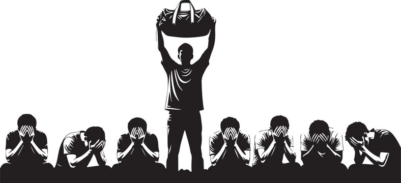 One man holds duffel bag above head while others hide faces in despair black and white silhouette holding