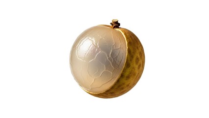 A single longan fruit peeled to reveal its translucent flesh and dark seed isolated on a white background.