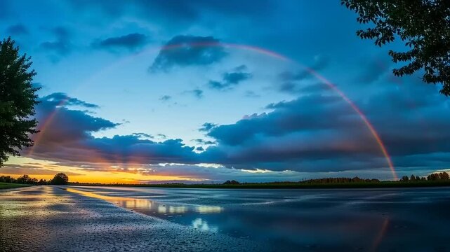 double rainbow over sunset lake