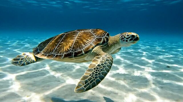 Green Sea Turtle Swimming Gracefully in Clear Blue Ocean Waters.